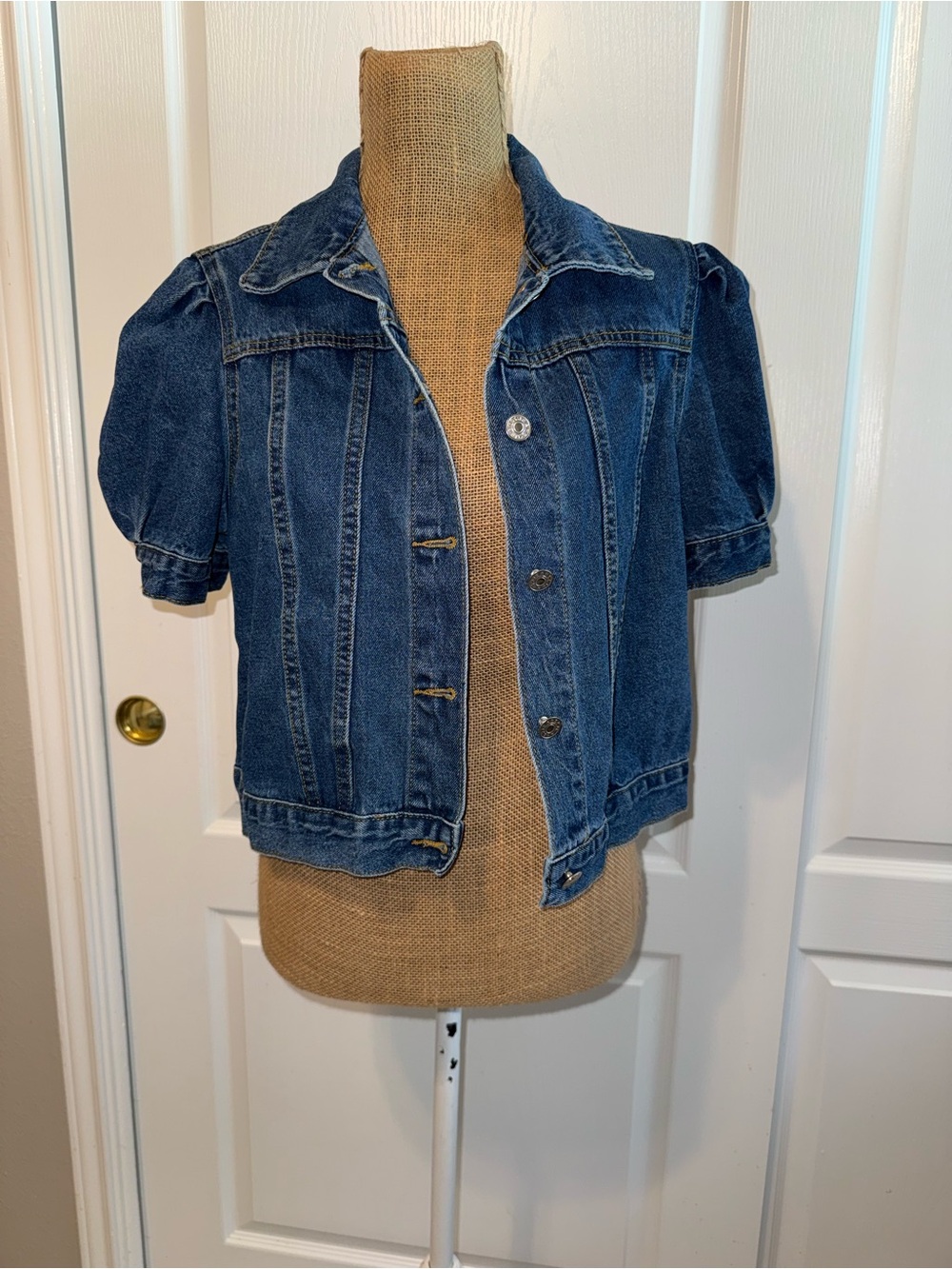 SHEIN Dark Blue Puff Sleeve Cropped Denim Jacket